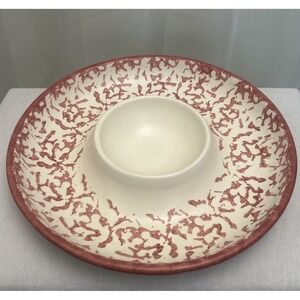 Vintage Red Spongeware 12" Chip and Dip Bowl Stoneware‎ Farmhouse Rustic